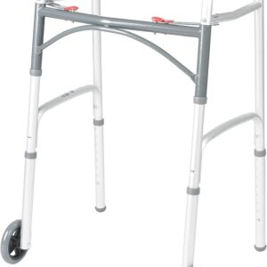 Drive Medical 10210-1 2-Button Folding Walker with Wheels, Rolling Walker, Front Wheel Walker, Lightweight Walkers for Seniors and Adults Weighing Up To 350 Pounds, Adjustable Height, Silver