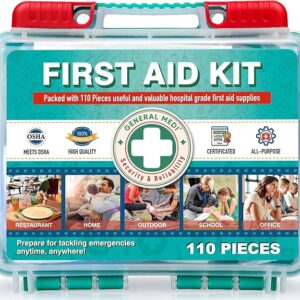 110 Pieces Small First Aid Kit - HardCase First Aid Box - Contains Premium Medical Supplies for Travel, Home, Office, Vehicle, Camping, Workplace & Outdoor
